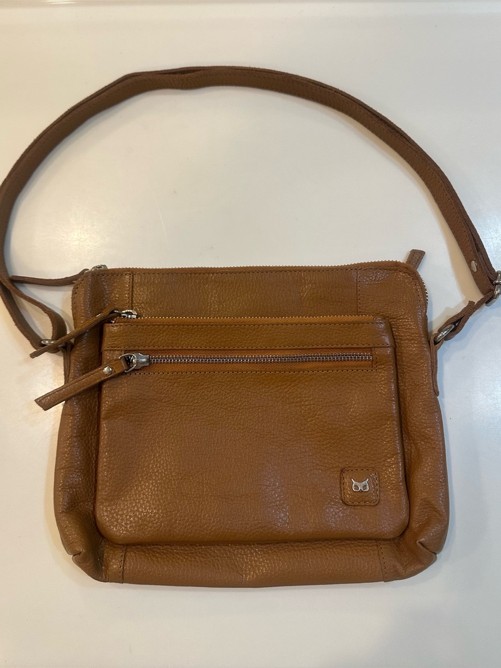 Wise Owl Tan Cognac Pebbled Shoulder Crossbody Bag 10x9 Multi-Pocket EU